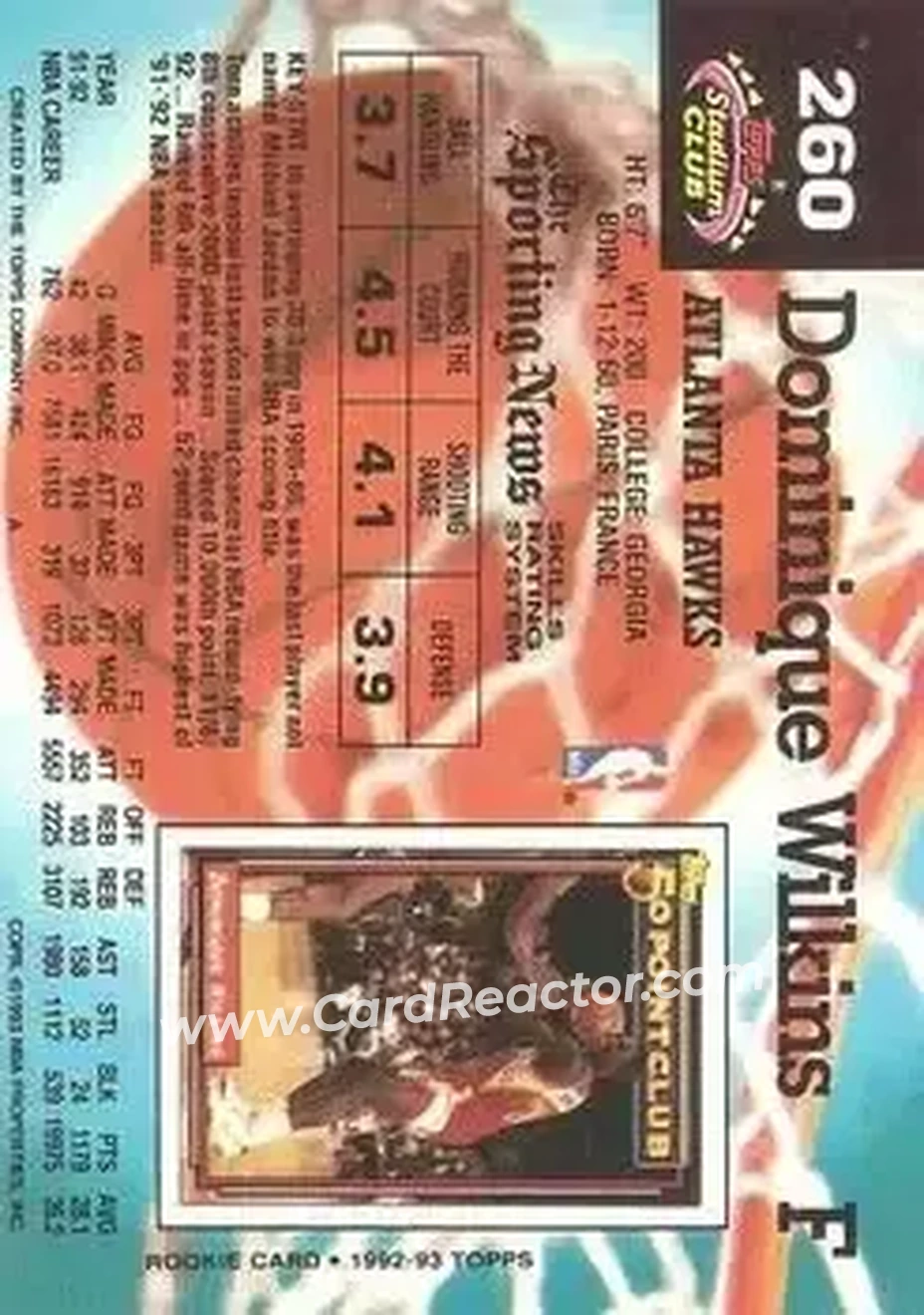 1992-93 Stadium Club #260 - Dominique Wilkins - Atlanta Hawks - Back 1992-93 Stadium Club #260 - Dominique Wilkins - Atlanta Hawks - Back
