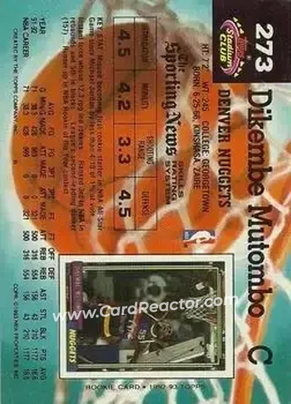 1992-93 Stadium Club #273 - Dikembe Mutombo - Denver Nuggets - Back 1992-93 Stadium Club #273 - Dikembe Mutombo - Denver Nuggets - Back