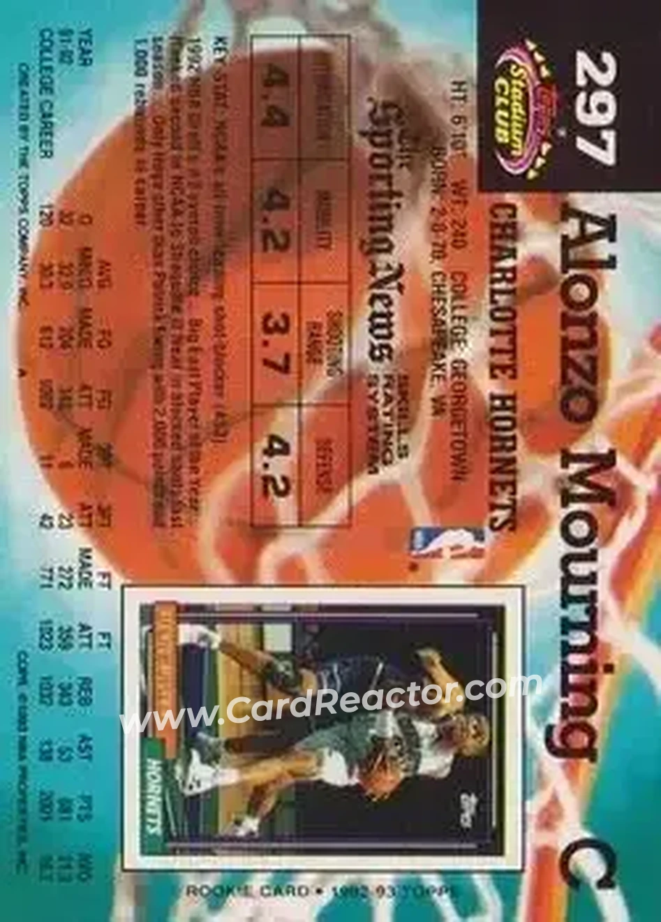 1992-93 Stadium Club #297 - Alonzo Mourning - Charlotte Hornets - Back