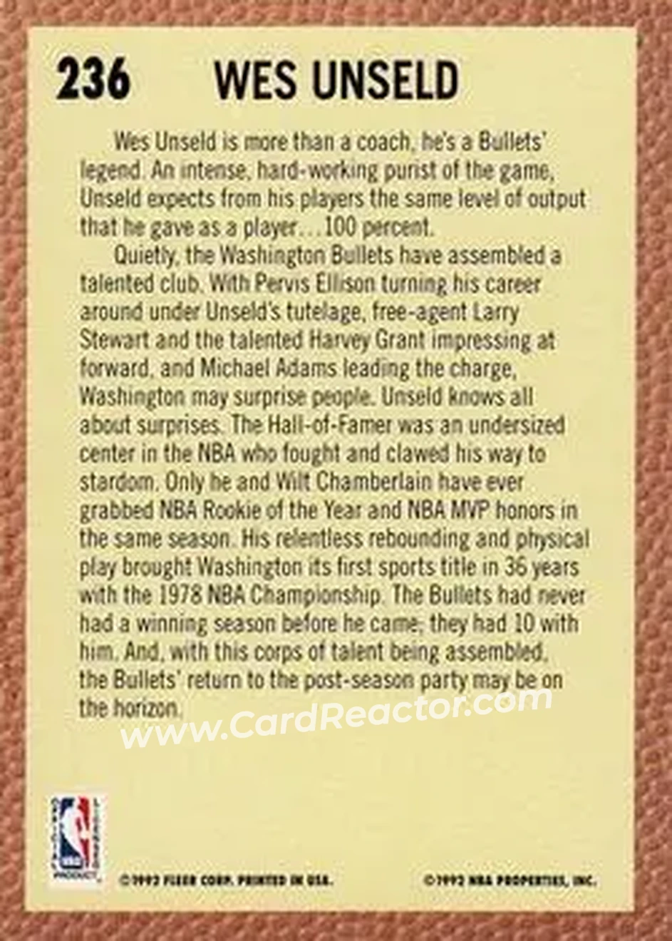 1992-93 Fleer #236 - Wes Unseld - Washington Bullets - Back