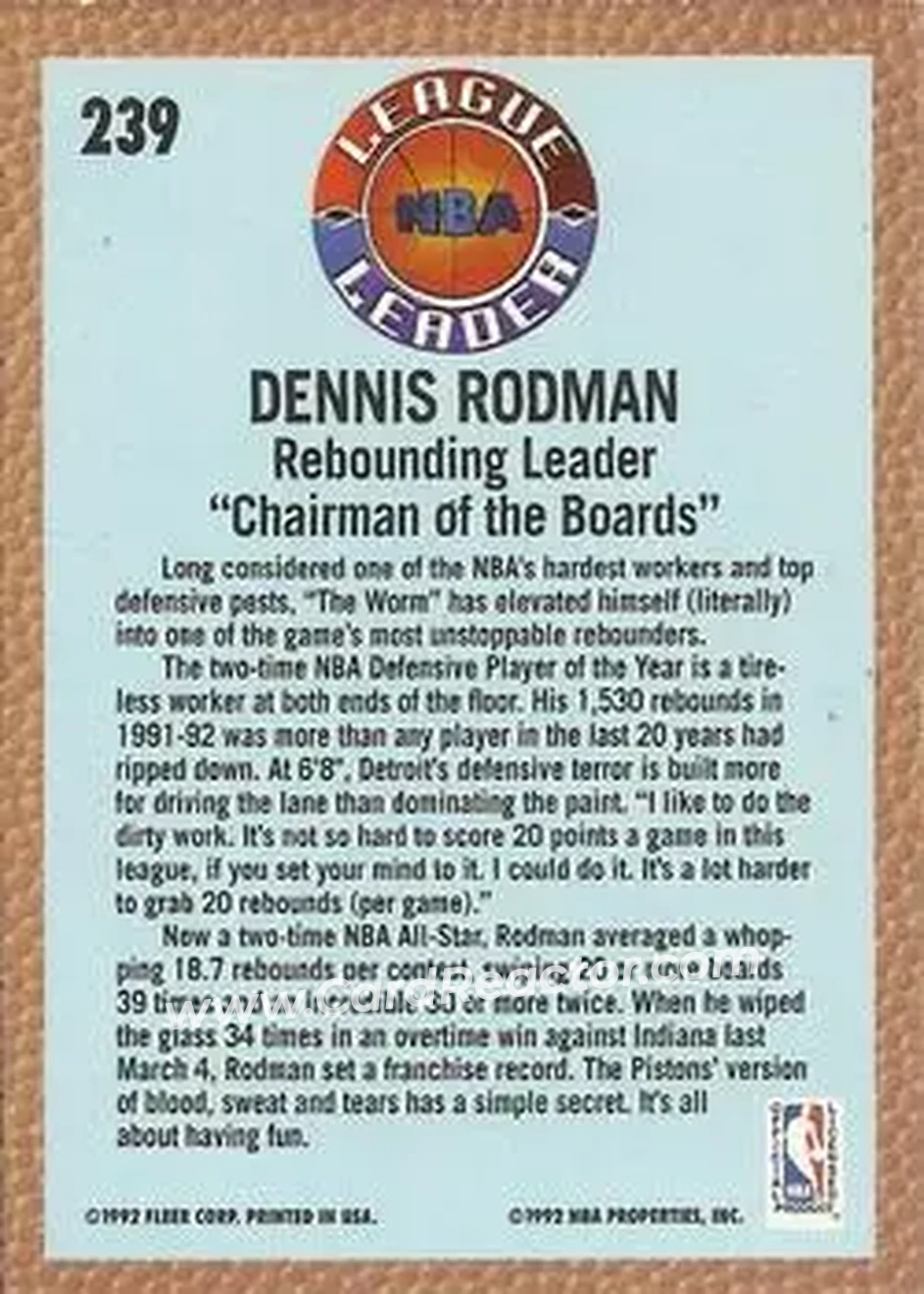 1992-93 Fleer #239 - Dennis Rodman - Detroit Pistons - Back