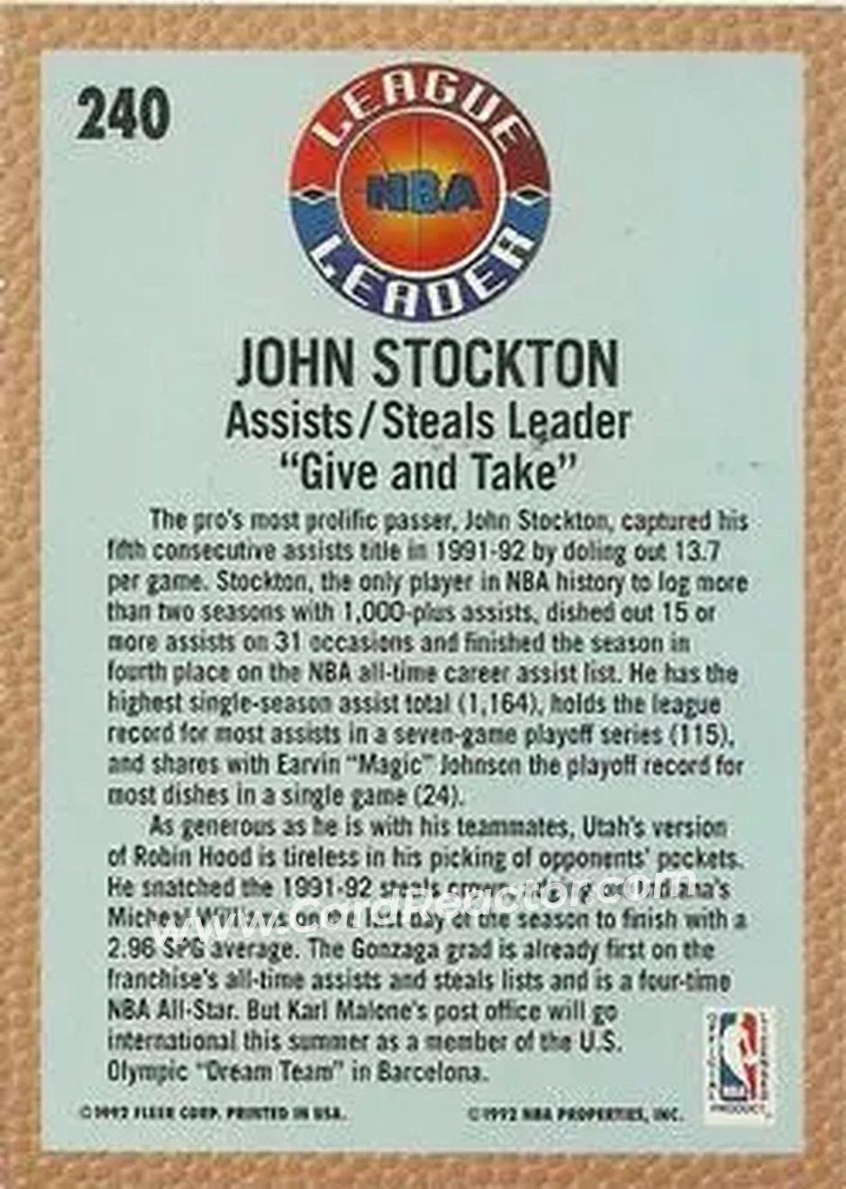 1992-93 Fleer #240 - John Stockton - Utah Jazz - Back 1992-93 Fleer #240 - John Stockton - Utah Jazz - Back