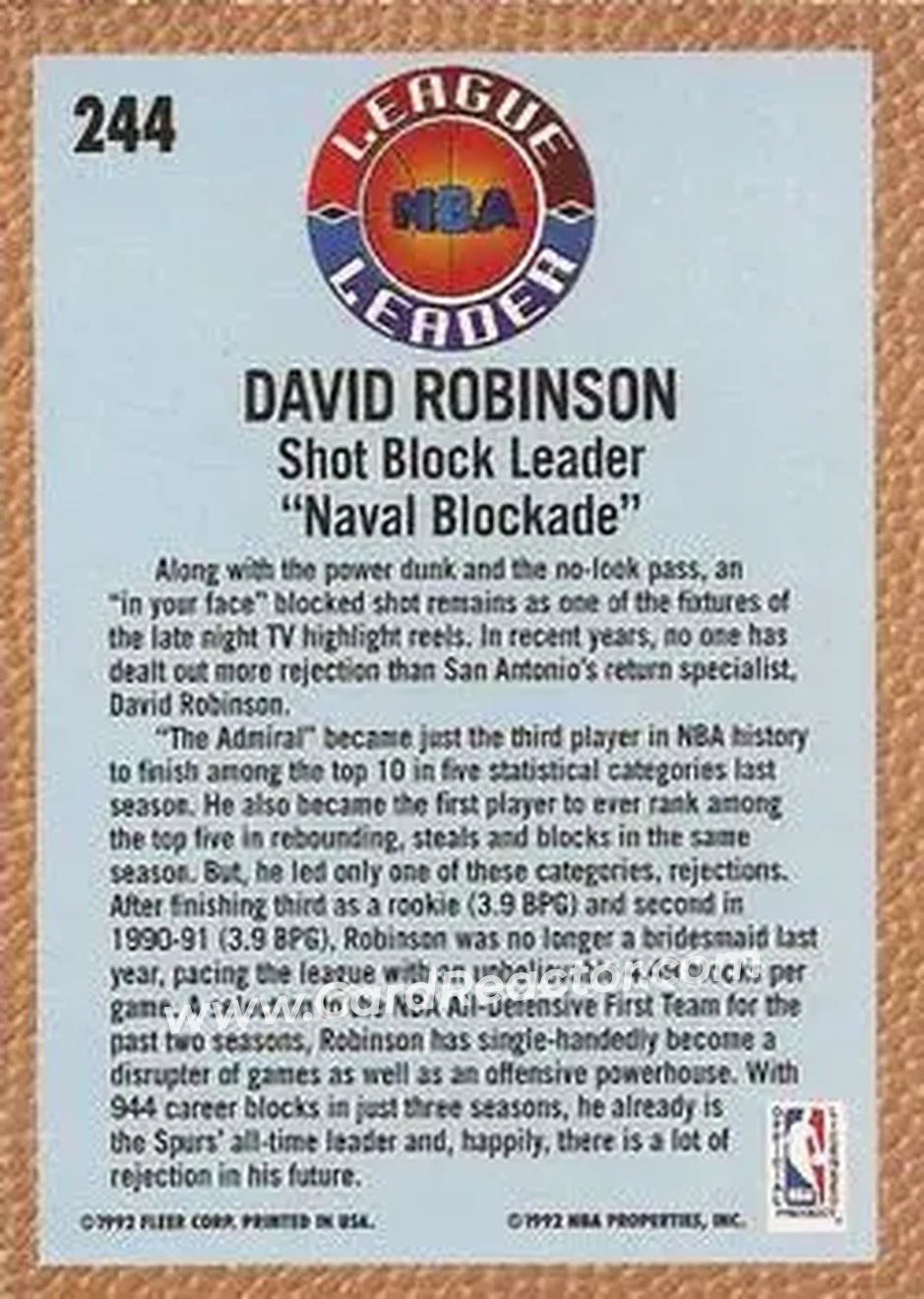 1992-93 Fleer #244 - David Robinson - San Antonio Spurs - Back