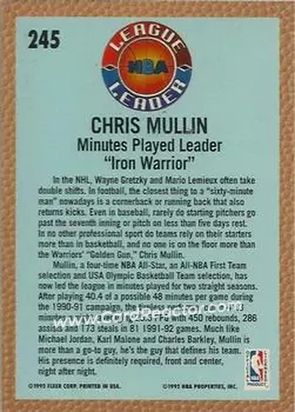 1992-93 Fleer #245 - Chris Mullin - Golden State Warriors - Back