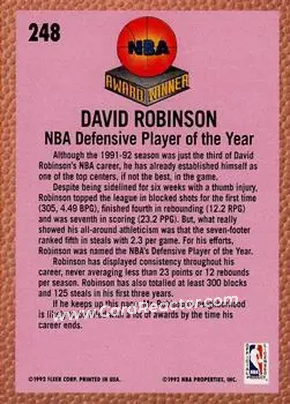 1992-93 Fleer #248 - David Robinson - San Antonio Spurs - Back