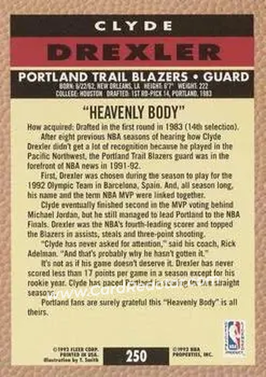 1992-93 Fleer #250 - Clyde Drexler - Portland Trail Blazers - Back