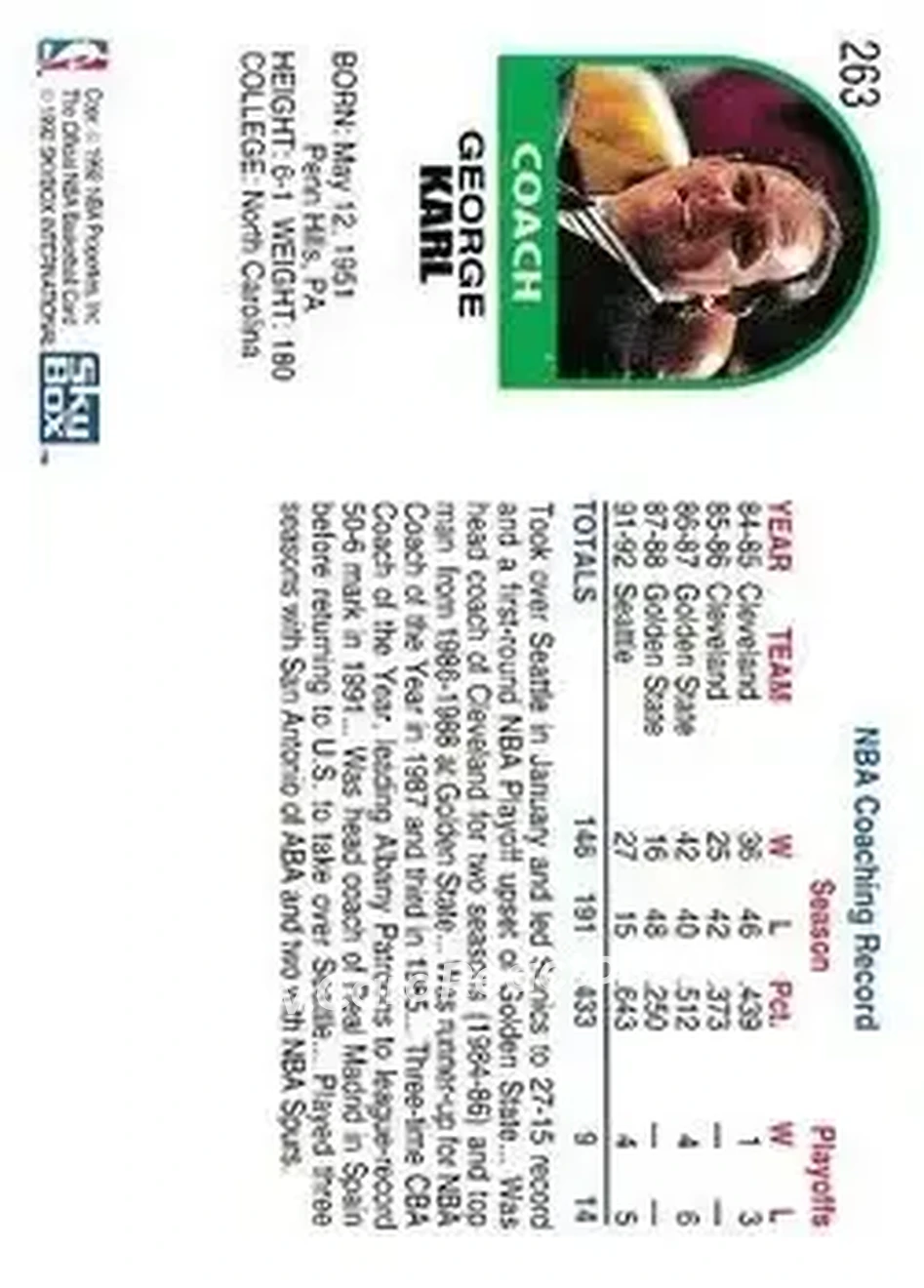 1992-93 Hoops #263 - George Karl - Seattle SuperSonics - Back