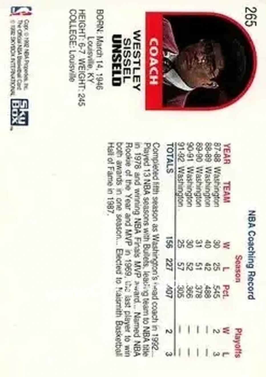 1992-93 Hoops #265 - Wes Unseld - Washington Bullets - Back