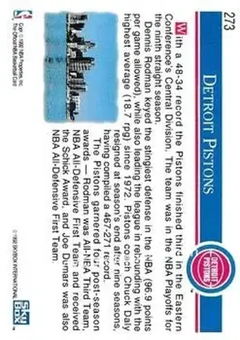 1992-93 Hoops #273 - Card #273 - Detroit Pistons - Back