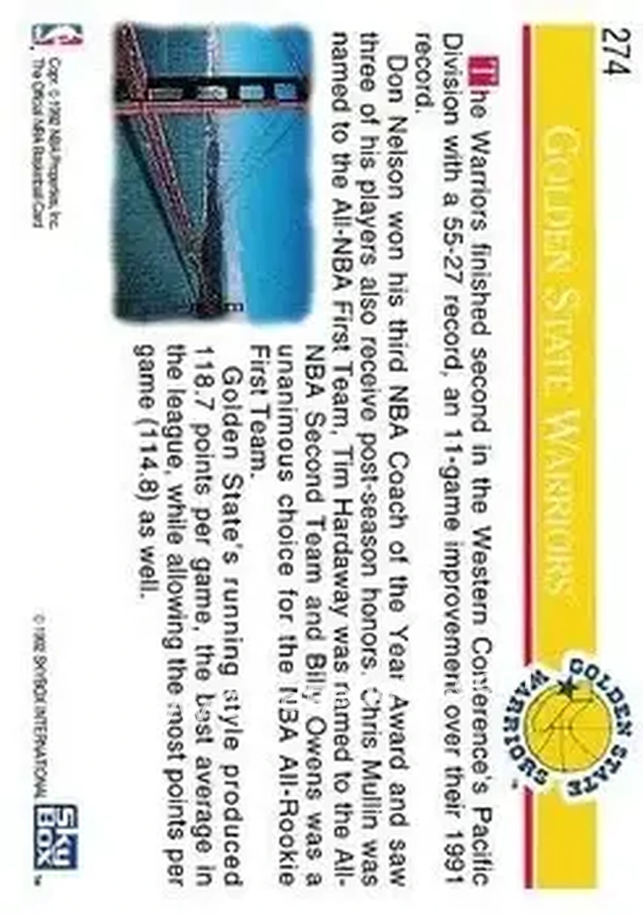 1992-93 Hoops #274 - Card #274 - Golden State Warriors - Back