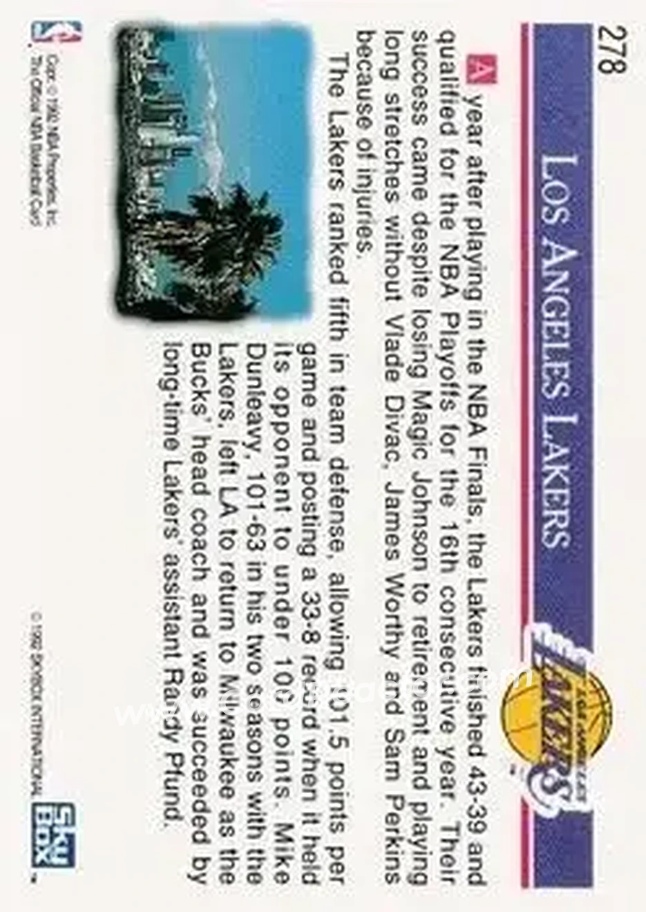1992-93 Hoops #278 - Card #278 - Los Angeles Lakers - Back