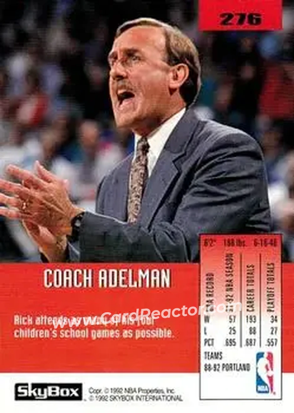 1992-93 SkyBox #276 - Rick Adelman - Portland Trail Blazers - Back