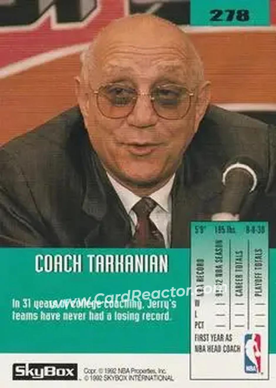 1992-93 SkyBox #278 - Jerry Tarkanian - San Antonio Spurs - Back
