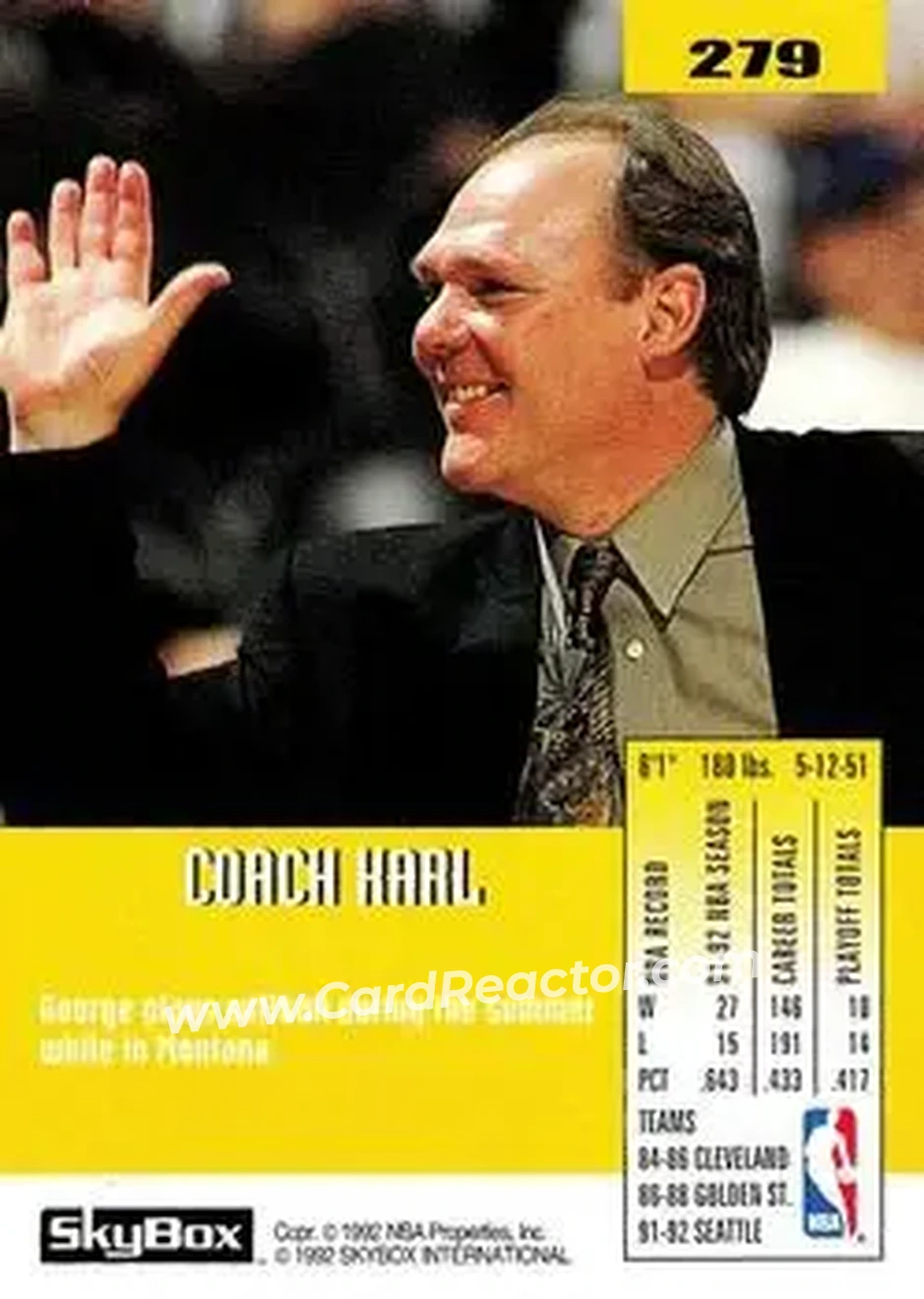 1992-93 SkyBox #279 - George Karl - Seattle SuperSonics - Back 1992-93 SkyBox #279 - George Karl - Seattle SuperSonics - Back
