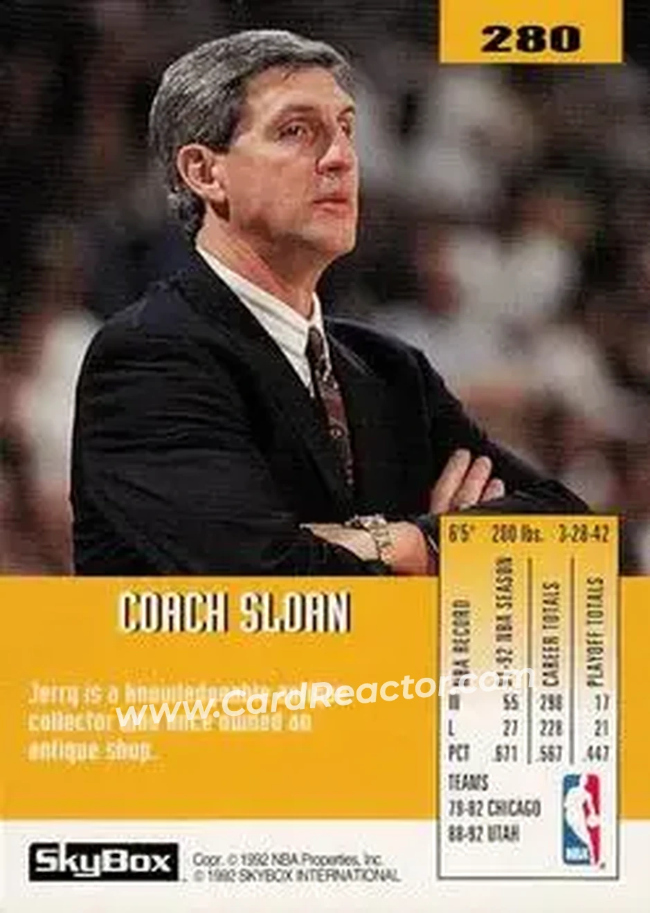 1992-93 SkyBox #280 - Jerry Sloan - Utah Jazz - Back