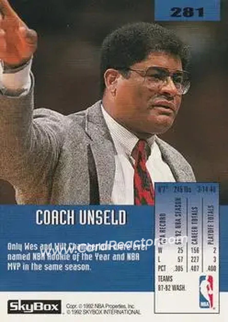 1992-93 SkyBox #281 - Wes Unseld - Washington Bullets - Back