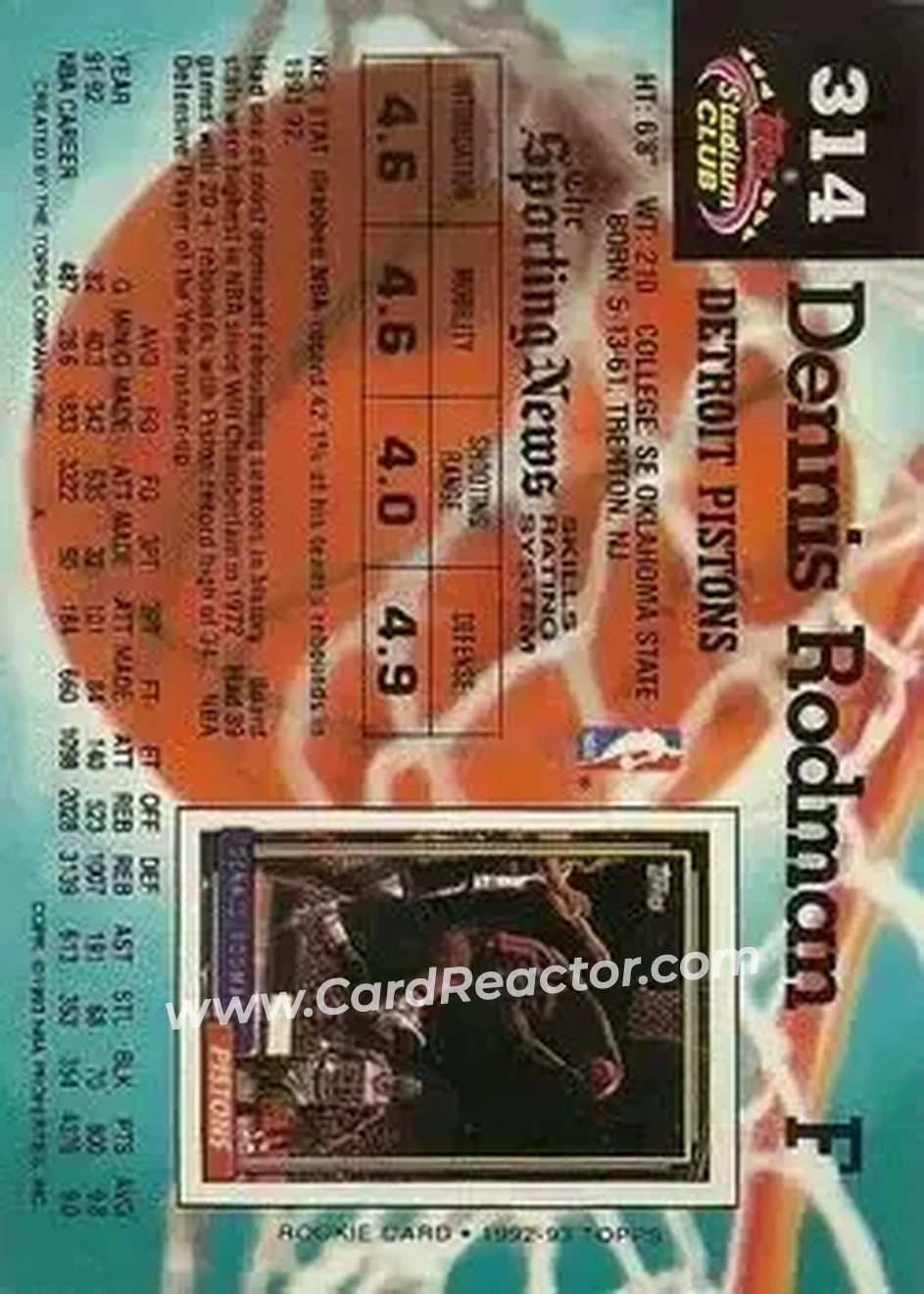 1992-93 Stadium Club #314 - Dennis Rodman - Detroit Pistons - Back