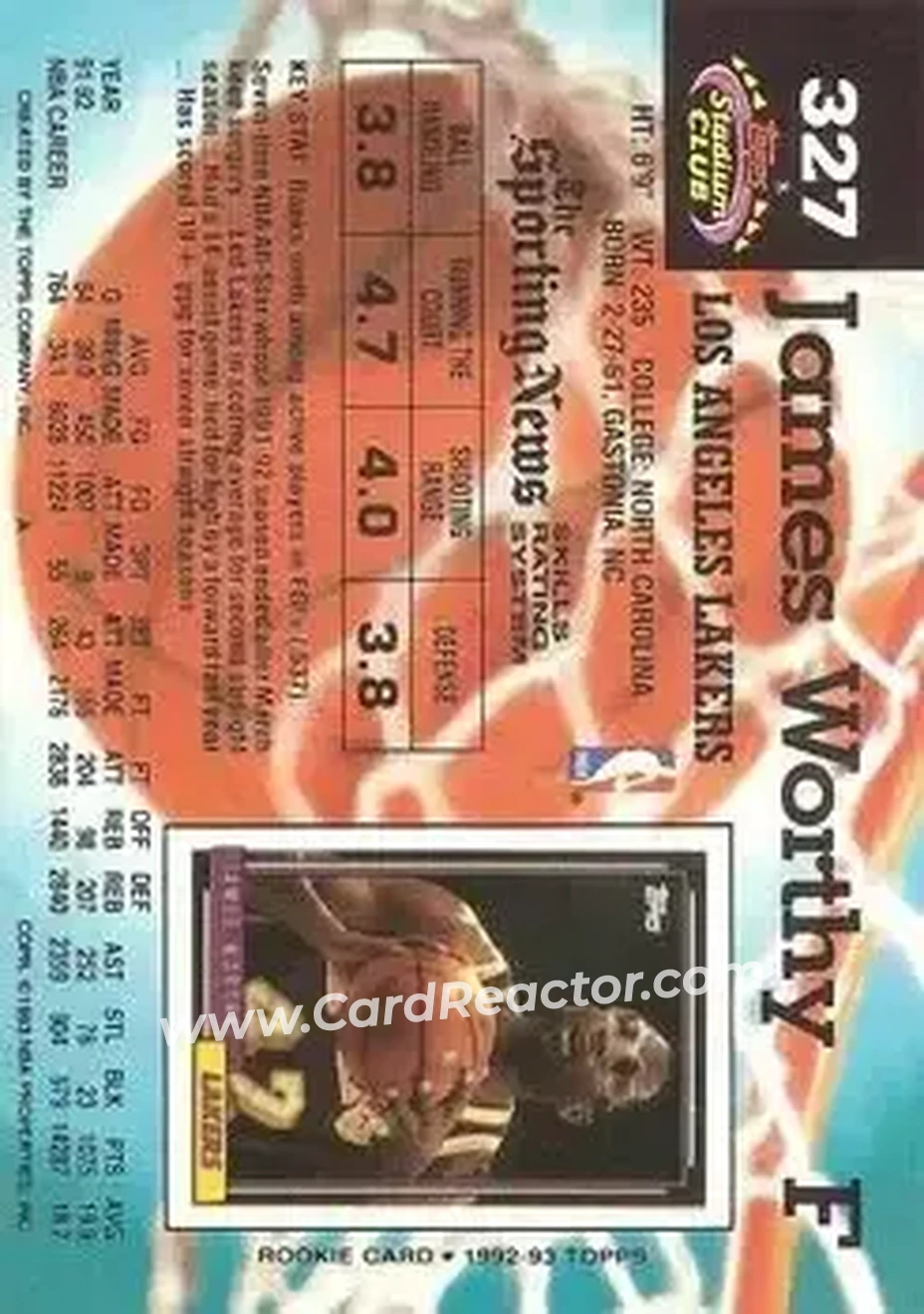 1992-93 Stadium Club #327 - James Worthy - Los Angeles Lakers - Back 1992-93 Stadium Club #327 - James Worthy - Los Angeles Lakers - Back