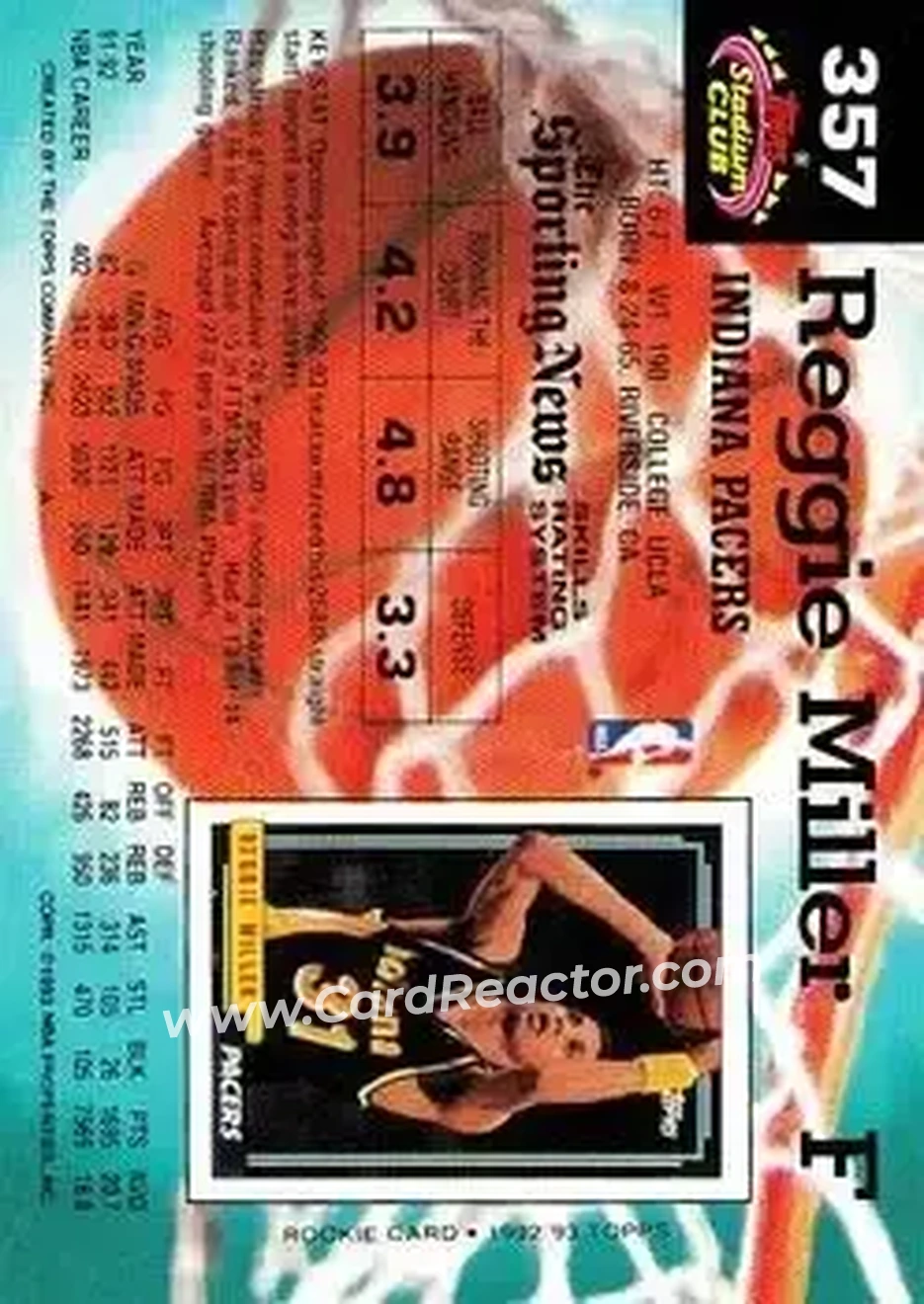 1992-93 Stadium Club #357 - Reggie Miller - Indiana Pacers - Back