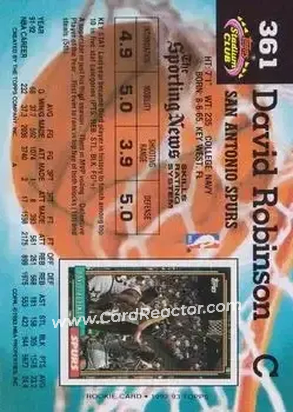 1992-93 Stadium Club #361 - David Robinson - San Antonio Spurs - Back