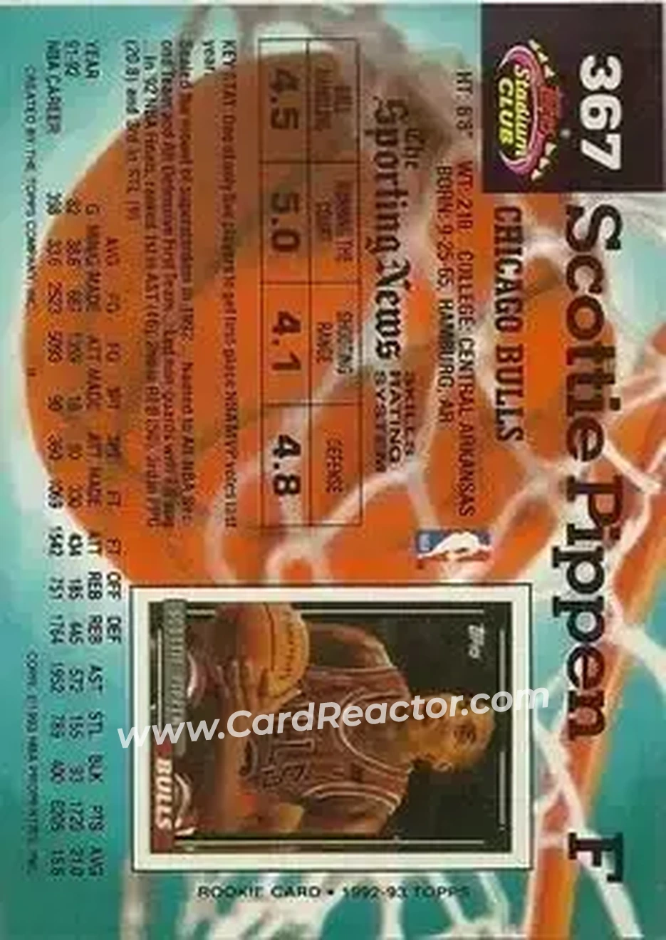 1992-93 Stadium Club #367 - Scottie Pippen - Chicago Bulls - Back