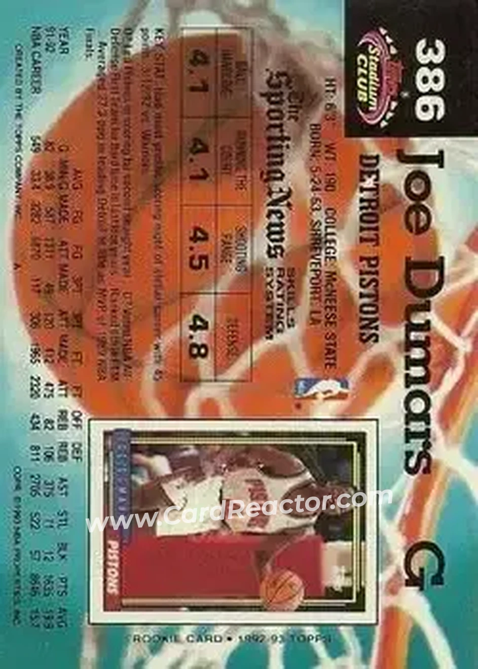 1992-93 Stadium Club #386 - Joe Dumars - Detroit Pistons - Back