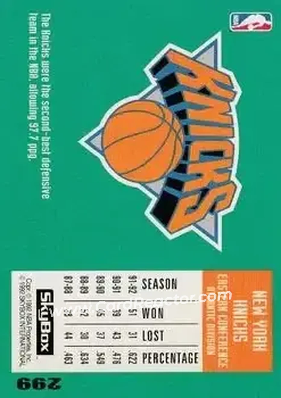 1992-93 SkyBox #299 - Patrick Ewing - New York Knicks - Back