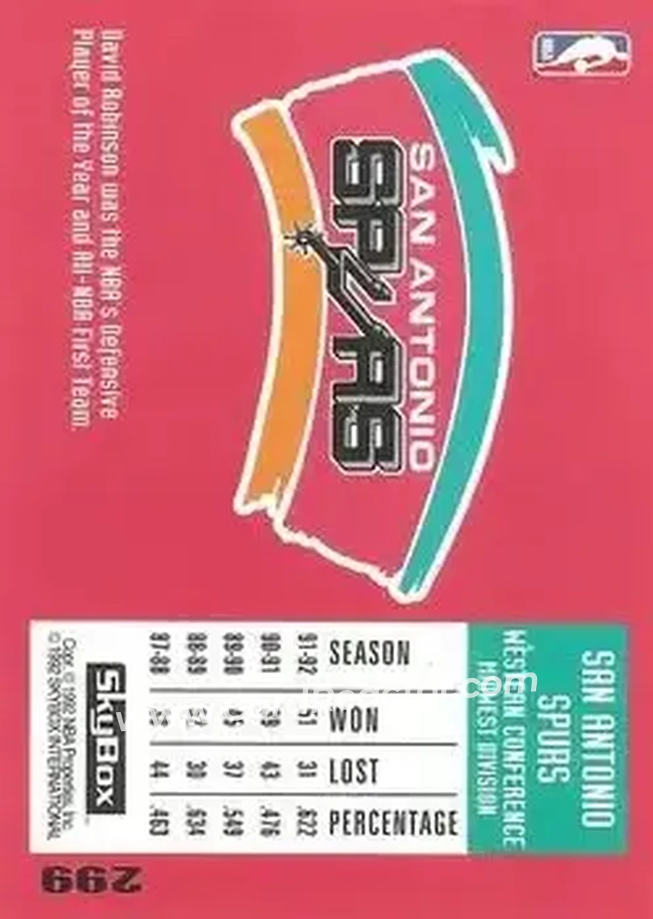 1992-93 SkyBox #299 - David Robinson - San Antonio Spurs - Back
