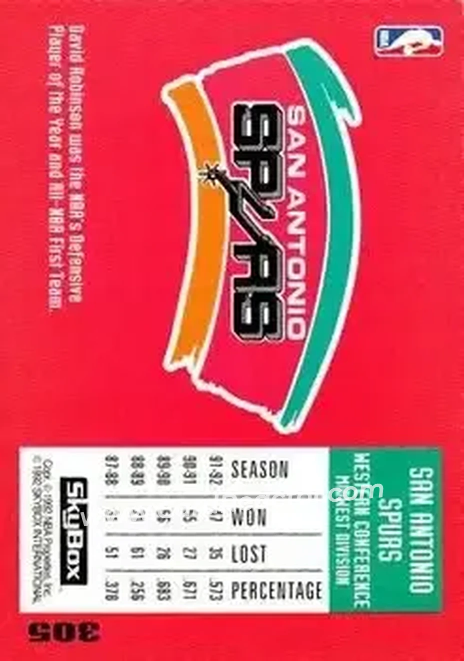 1992-93 SkyBox #305 - David Robinson - San Antonio Spurs - Back