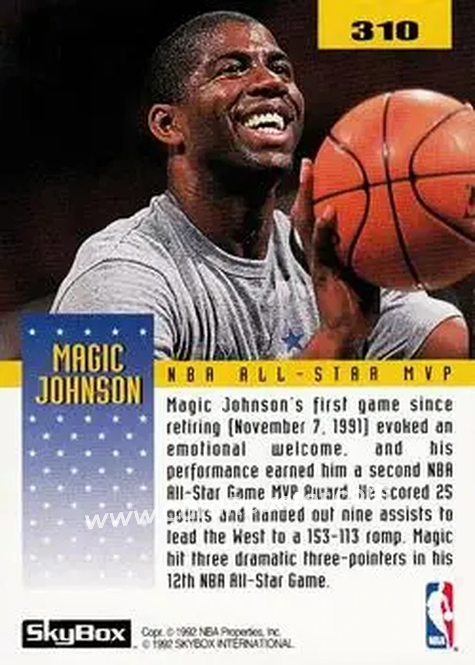 1992-93 SkyBox #310 - Magic Johnson - Los Angeles Lakers - Back