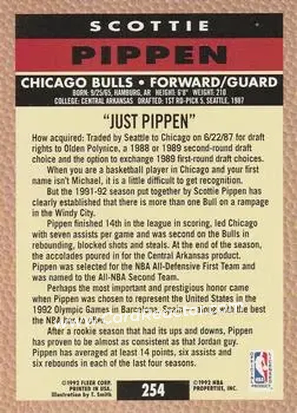 1992-93 Fleer #254 - Scottie Pippen - Chicago Bulls - Back 1992-93 Fleer #254 - Scottie Pippen - Chicago Bulls - Back