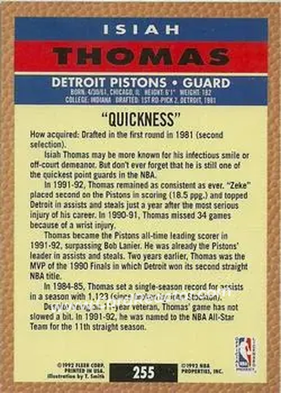 1992-93 Fleer #255 - Isiah Thomas - Detroit Pistons - Back