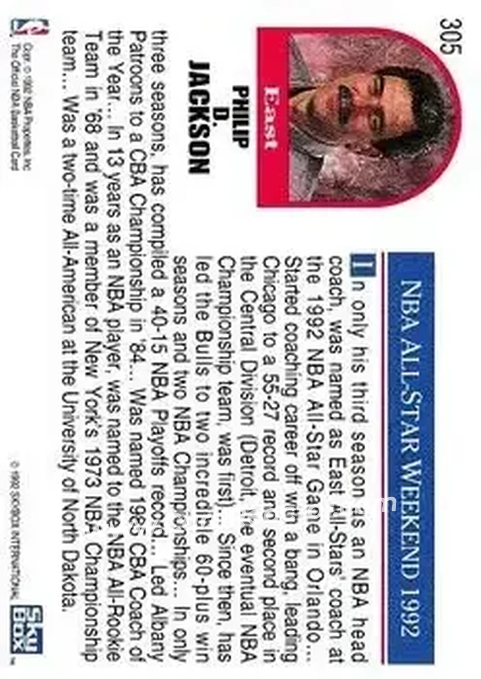 1992-93 Hoops #305 - Phil Jackson - Chicago Bulls - Back