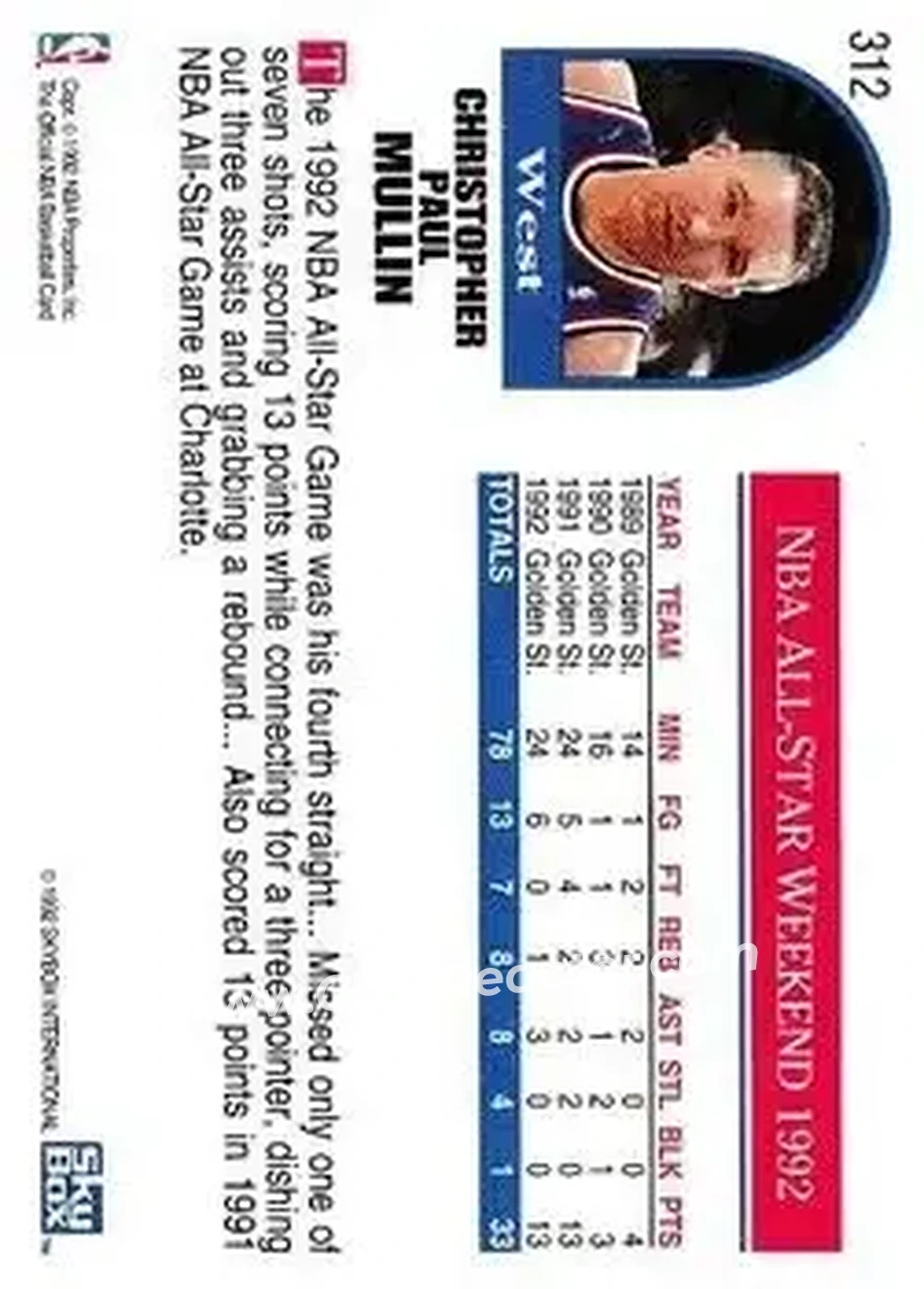 1992-93 Hoops #312 - Chris Mullin - Golden State Warriors - Back