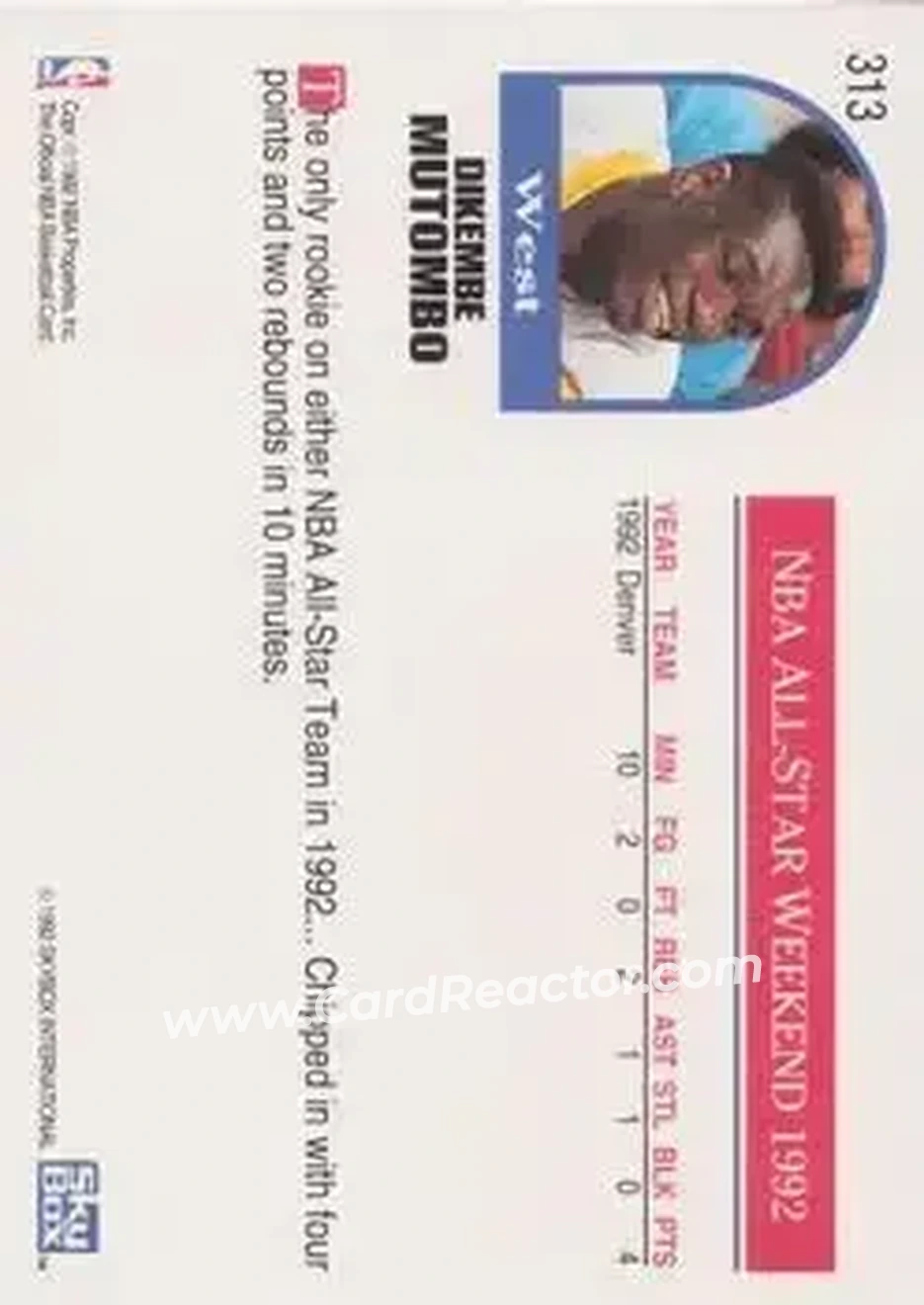 1992-93 Hoops #313 - Dikembe Mutombo - Denver Nuggets - Back