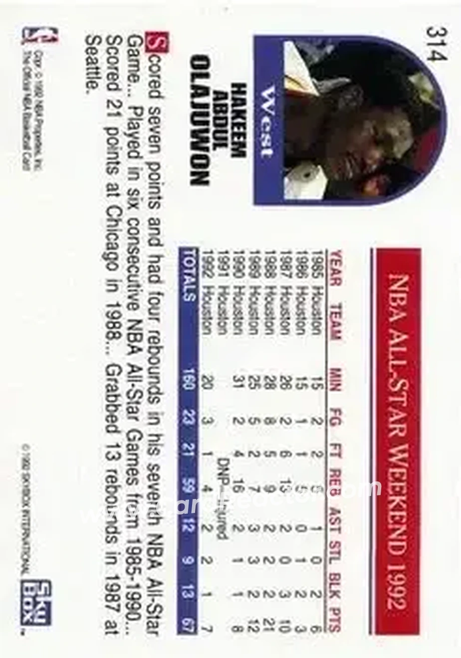 1992-93 Hoops #314 - Hakeem Olajuwon - Houston Rockets - Back
