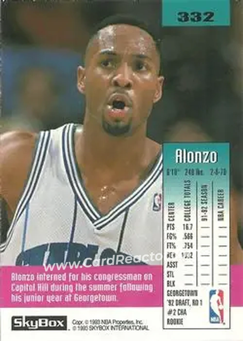 1992-93 SkyBox #332 - Alonzo Mourning - Charlotte Hornets - Back