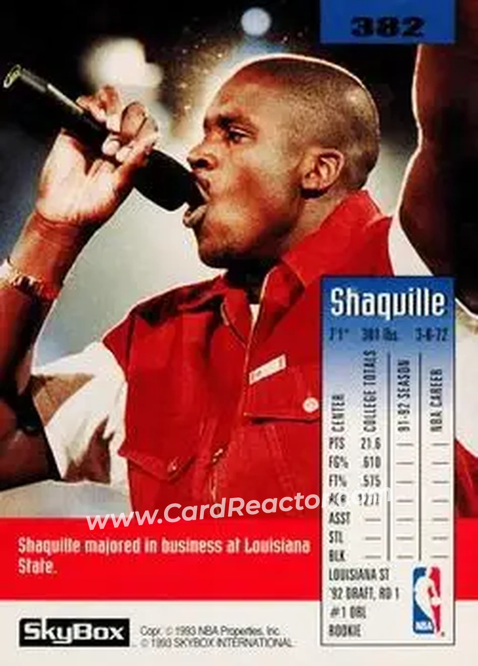 1992-93 SkyBox #382 - Shaquille O'Neal - Orlando Magic - Back 1992-93 SkyBox #382 - Shaquille O'Neal - Orlando Magic - Back