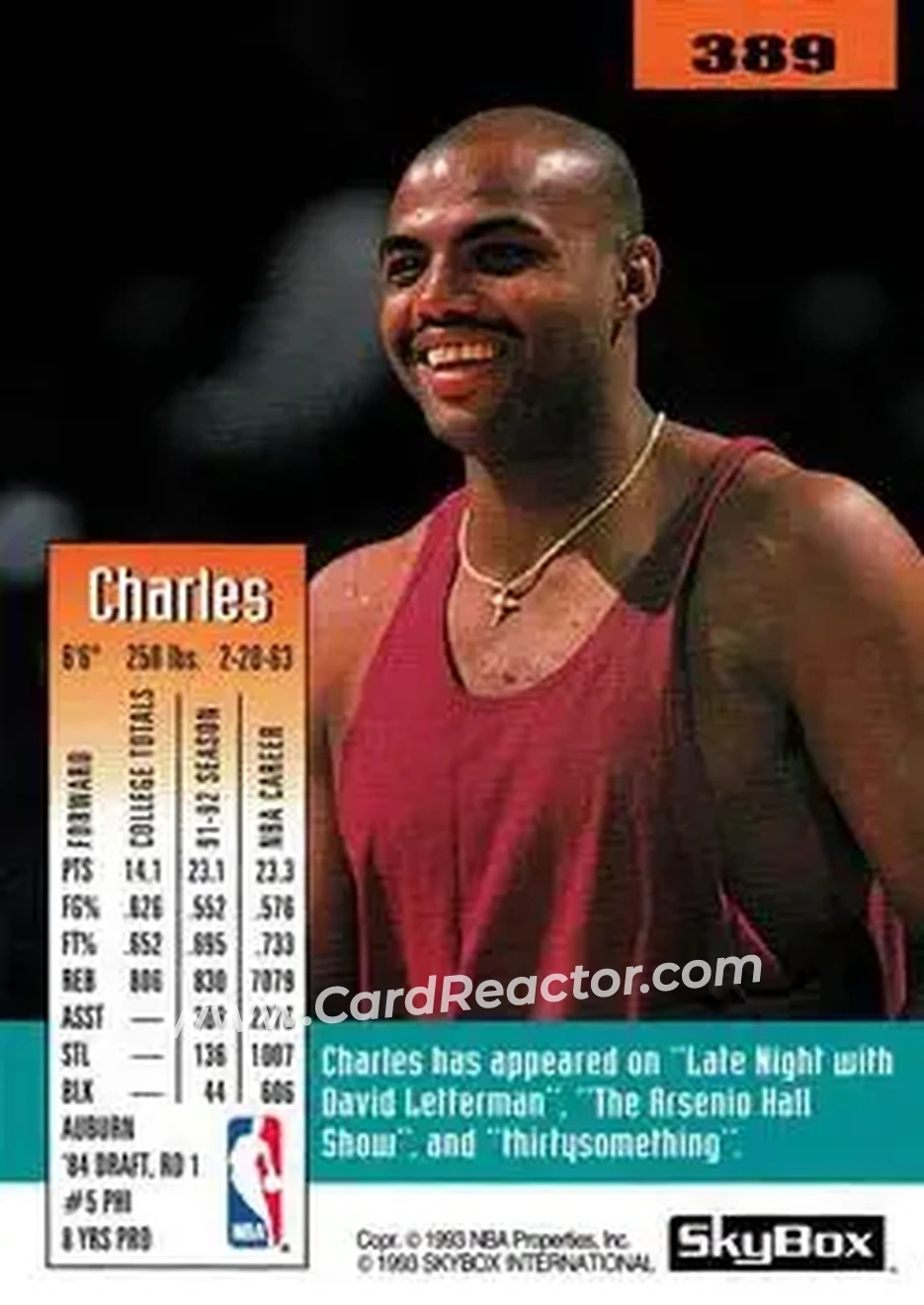 1992-93 SkyBox #389 - Charles Barkley - Phoenix Suns - Back