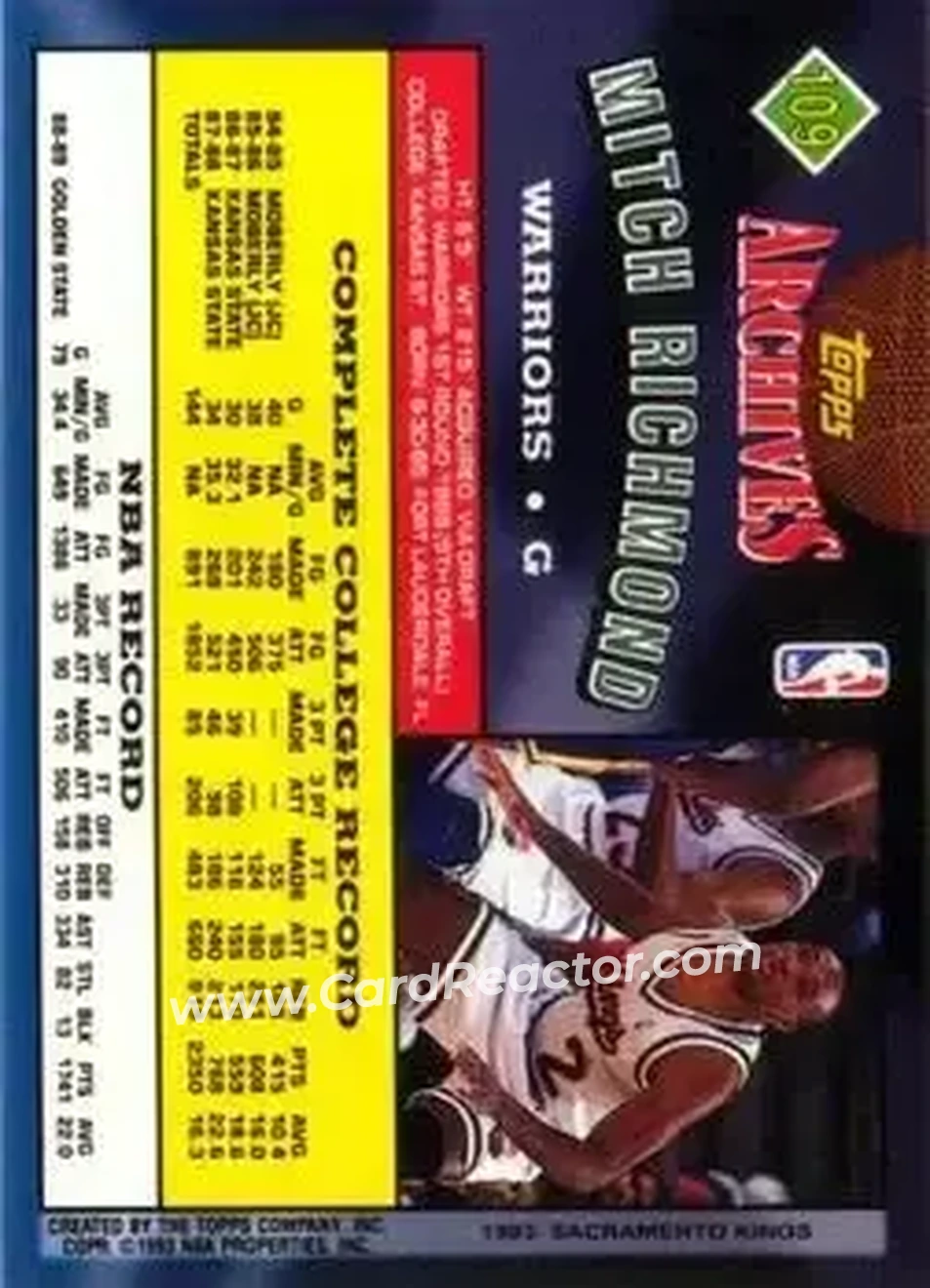 1992-93 Topps Archives #109 - Mitch Richmond - Golden State Warriors - Back 1992-93 Topps Archives #109 - Mitch Richmond - Golden State Warriors - Back