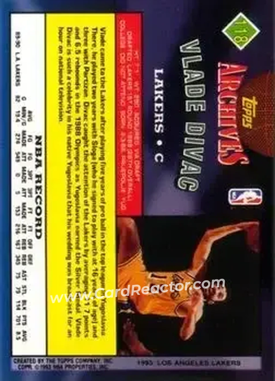 1992-93 Topps Archives #118 - Vlade Divac - Los Angeles Lakers - Back