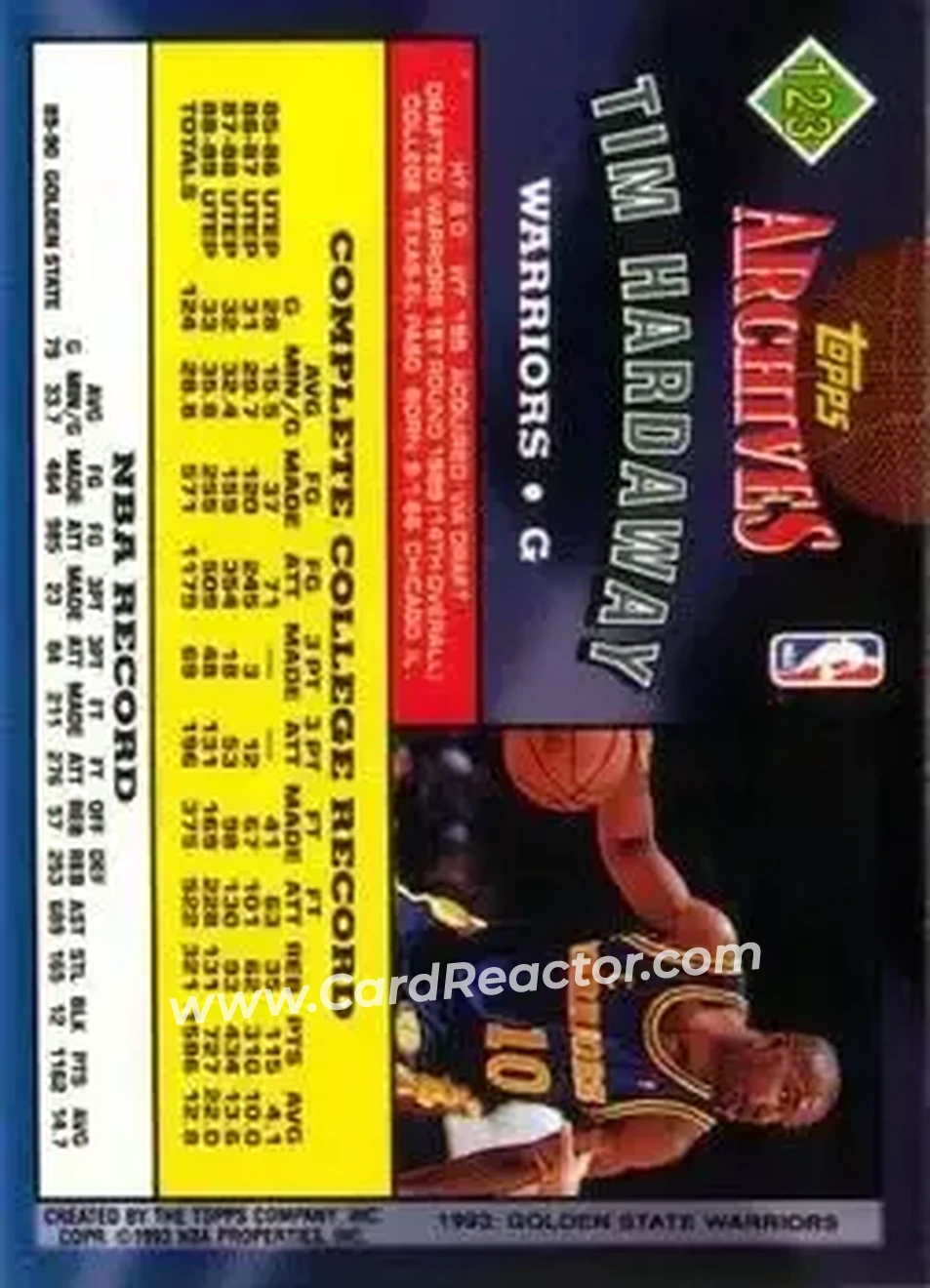 1992-93 Topps Archives #123 - Tim Hardaway - Golden State Warriors - Back