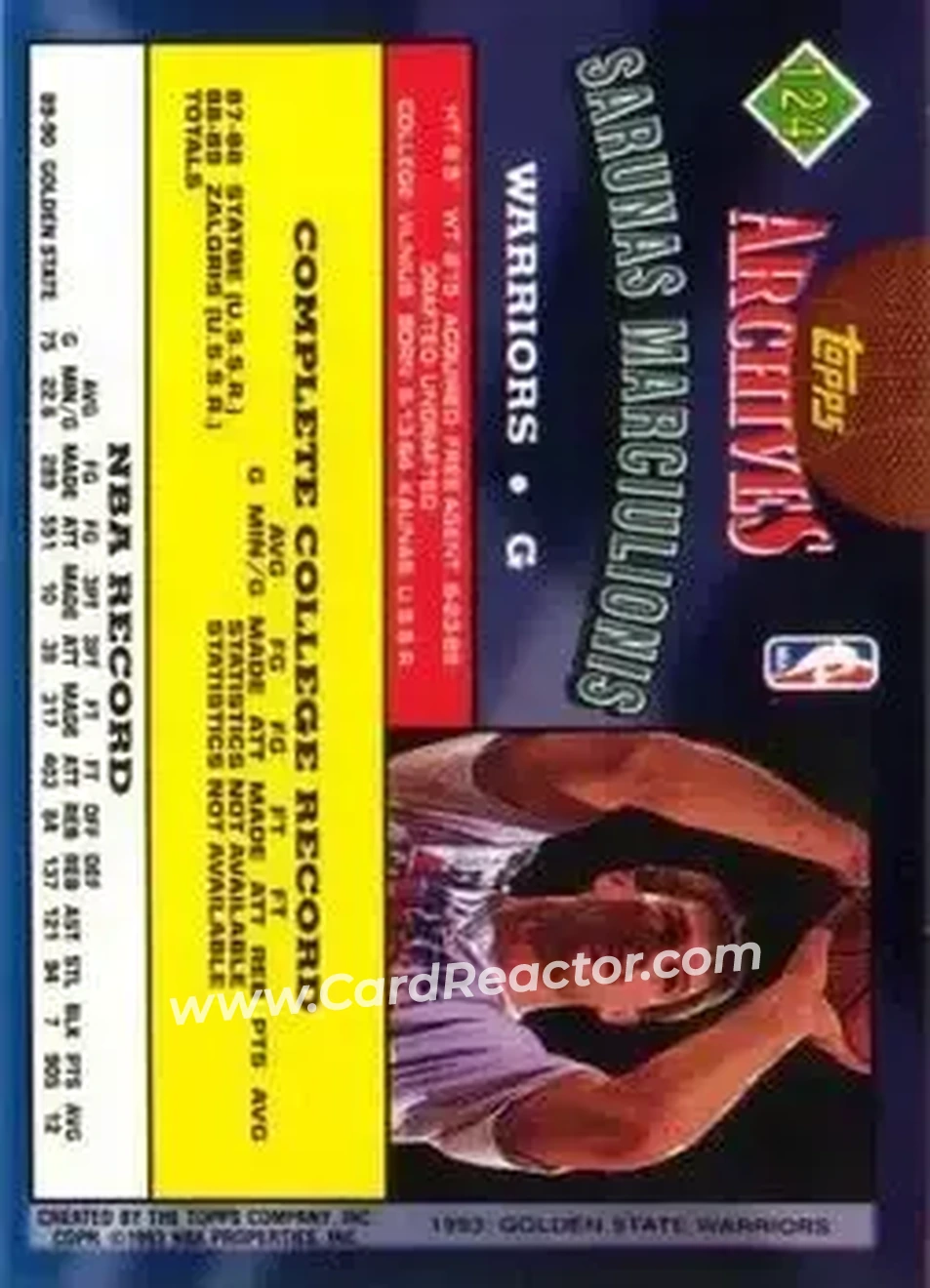 1992-93 Topps Archives #124 - Šarūnas Marčiulionis - Golden State Warriors - Back