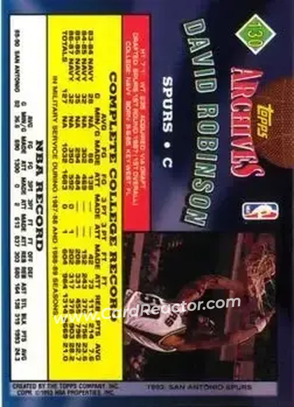 1992-93 Topps Archives #130 - David Robinson - San Antonio Spurs - Back 1992-93 Topps Archives #130 - David Robinson - San Antonio Spurs - Back
