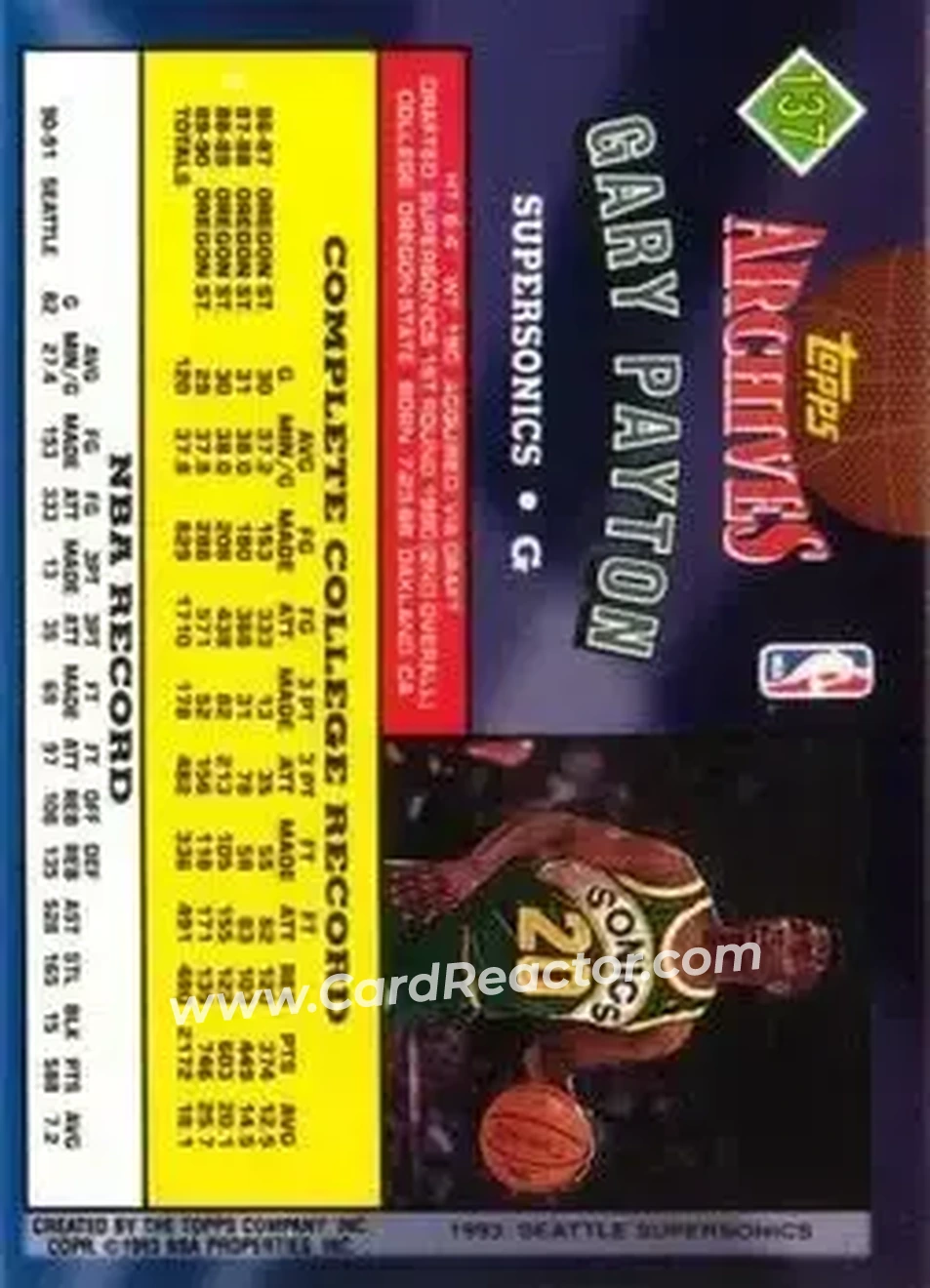 1992-93 Topps Archives #137 - Gary Payton - Seattle SuperSonics - Back 1992-93 Topps Archives #137 - Gary Payton - Seattle SuperSonics - Back