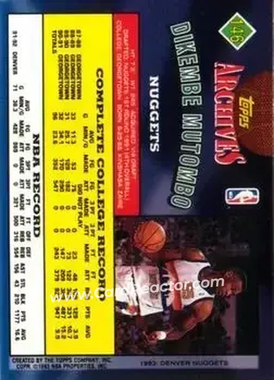 1992-93 Topps Archives #146 - Dikembe Mutombo - Denver Nuggets - Back 1992-93 Topps Archives #146 - Dikembe Mutombo - Denver Nuggets - Back
