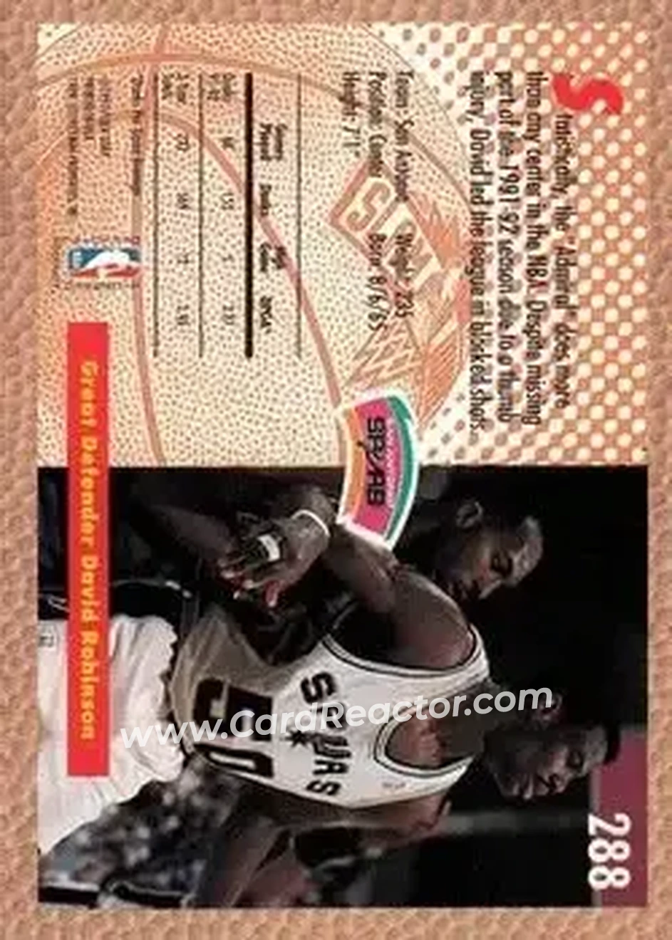 1992-93 Fleer #288 - David Robinson - San Antonio Spurs - Back