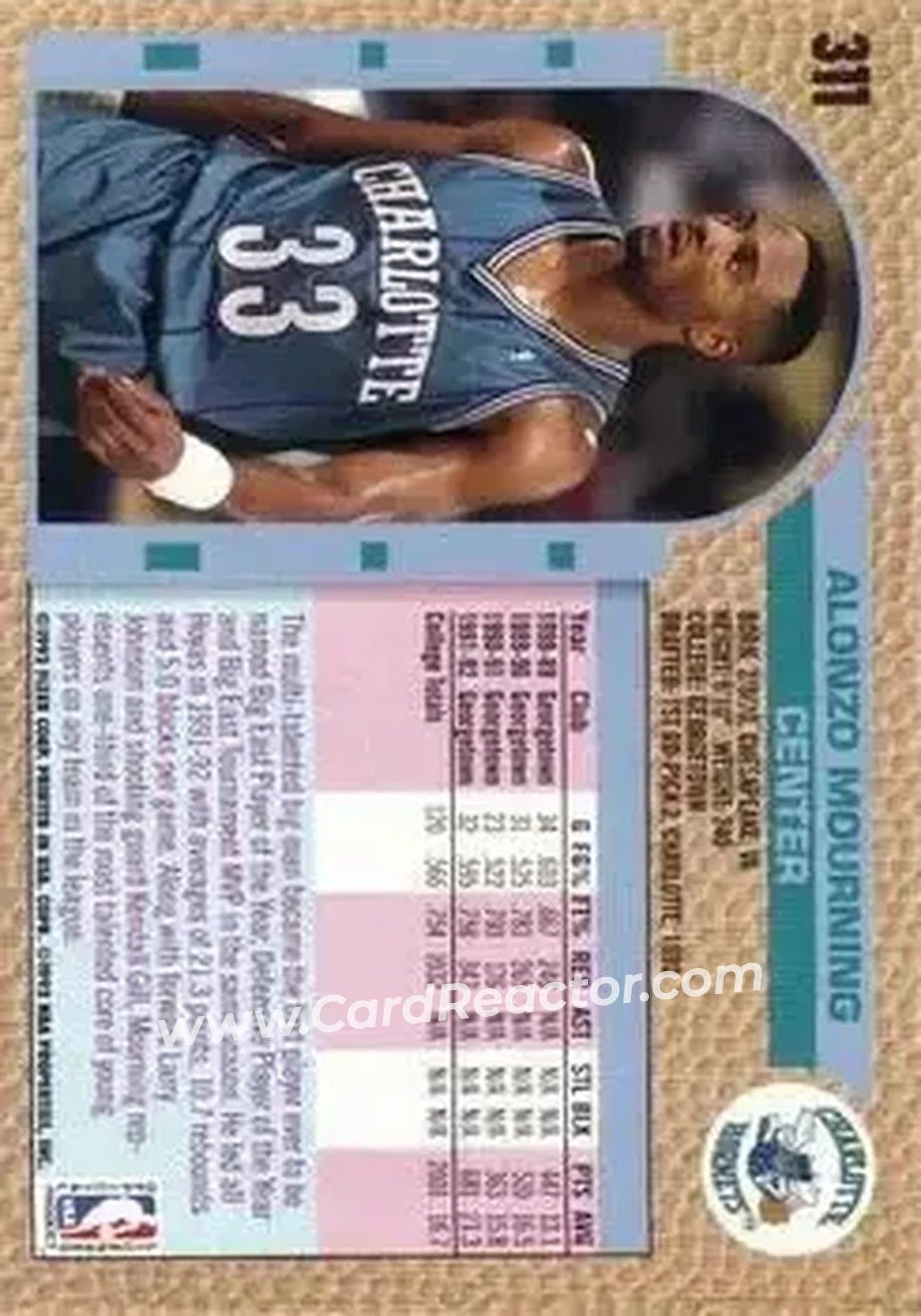 1992-93 Fleer #311 - Alonzo Mourning - Charlotte Hornets - Back