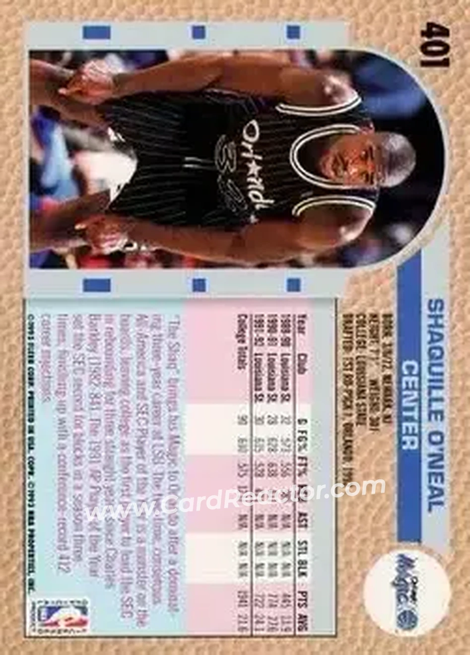1992-93 Fleer #401 - Shaquille O'Neal - Orlando Magic - Back