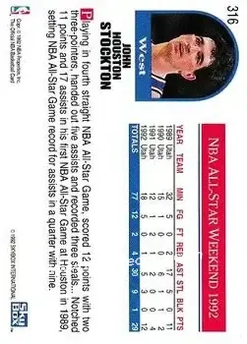 1992-93 Hoops #316 - John Stockton - Utah Jazz - Back